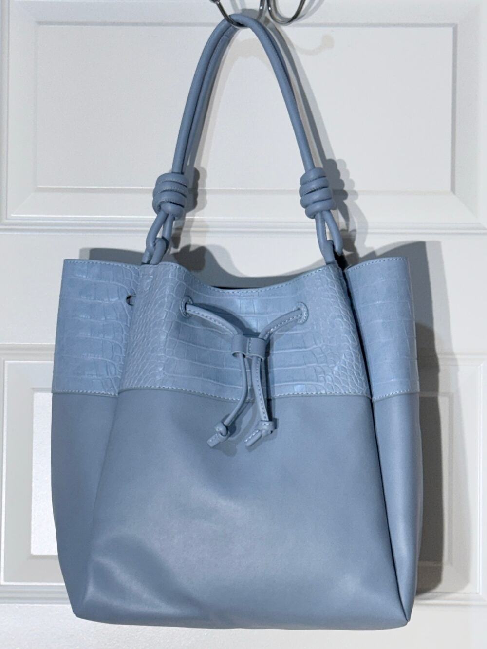 JUSTFAB Light Blue Faux Leather Bucket Bag with Crocodile-Embossed Upper Trim
